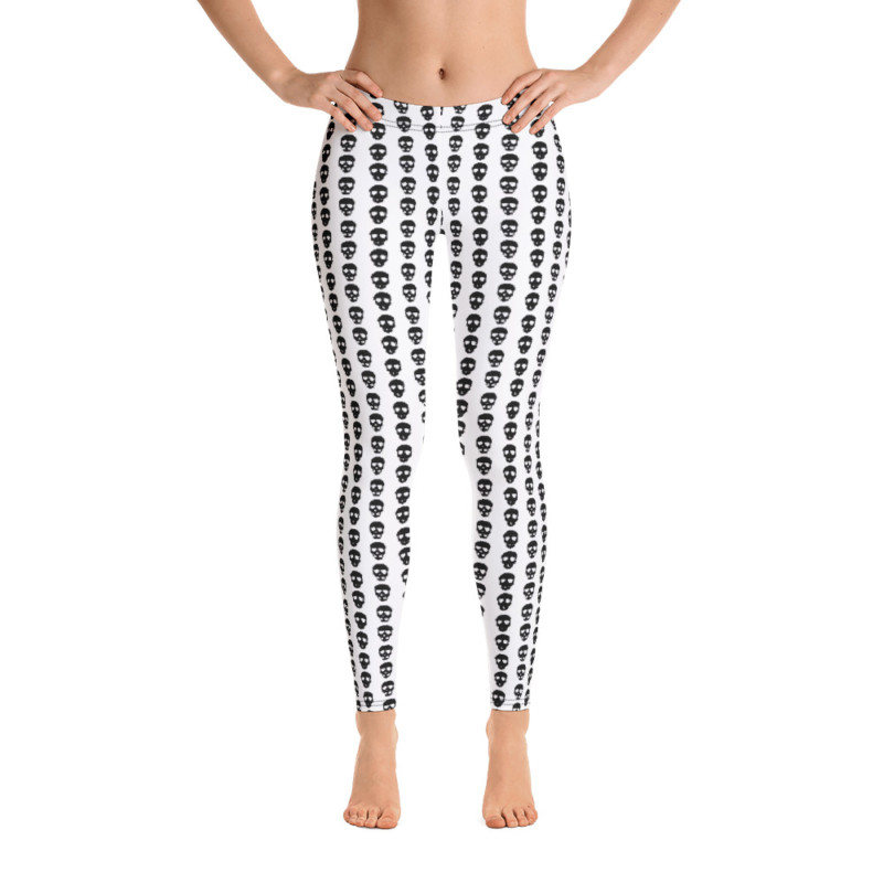 Stylish, durable, and a hot fashion staple. These polyester/spandex Black Skulls White Leggings are made of a comfortable microfiber yarn, and they'll never lose their stretch.
