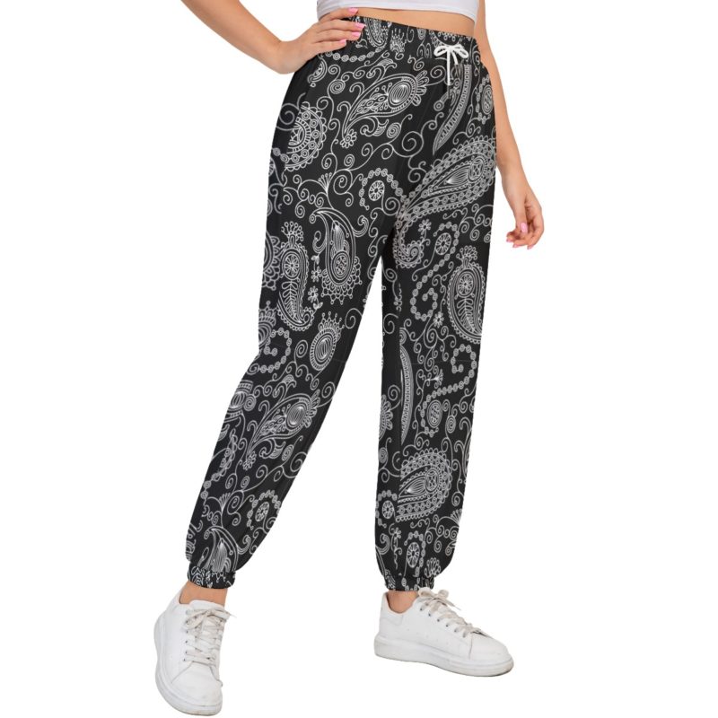 Black Paisley Sports Trousers With Waist Drawstring - Plus Size